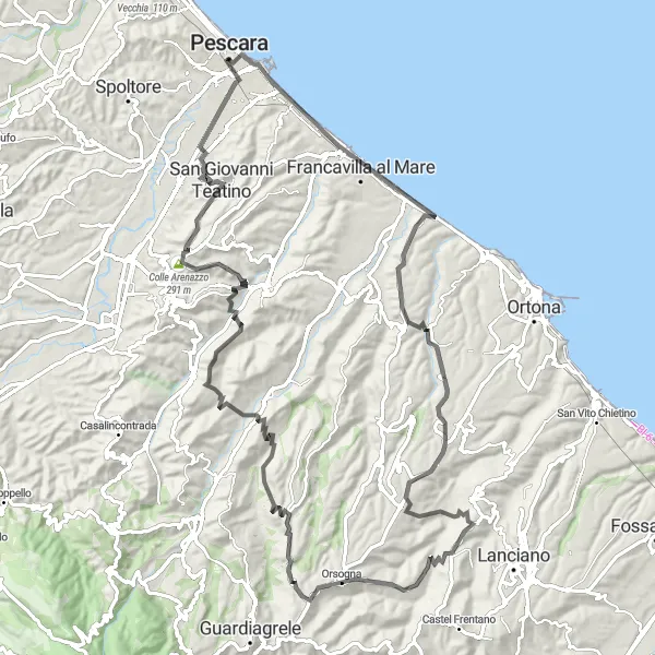 Miniatura della mappa di ispirazione al ciclismo "Giro in bicicletta da Pescara a Vacri" nella regione di Abruzzo, Italy. Generata da Tarmacs.app, pianificatore di rotte ciclistiche
