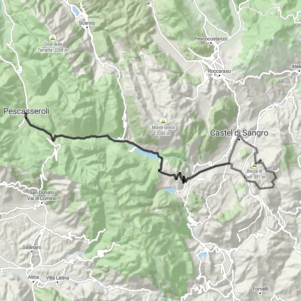 Miniatura della mappa di ispirazione al ciclismo "Giro delle Montagne Abruzzesi" nella regione di Abruzzo, Italy. Generata da Tarmacs.app, pianificatore di rotte ciclistiche