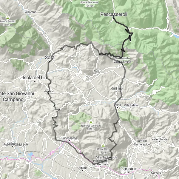 Miniature de la carte de l'inspiration cycliste "Les panoramas des Apennins depuis Pescasseroli" dans la Abruzzo, Italy. Générée par le planificateur d'itinéraire cycliste Tarmacs.app