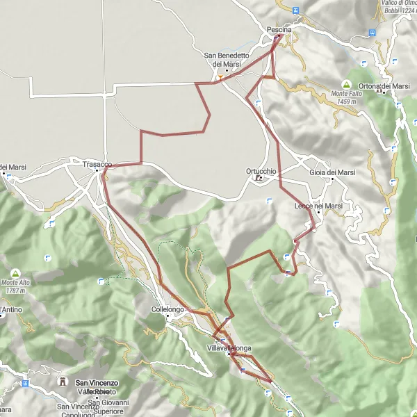 Map miniature of "Scenic Gravel Tour of Marsi" cycling inspiration in Abruzzo, Italy. Generated by Tarmacs.app cycling route planner