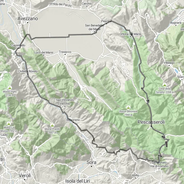 Karten-Miniaturansicht der Radinspiration "Herausfordernde Bergtour von Pescina nach San Benedetto dei Marsi" in Abruzzo, Italy. Erstellt vom Tarmacs.app-Routenplaner für Radtouren