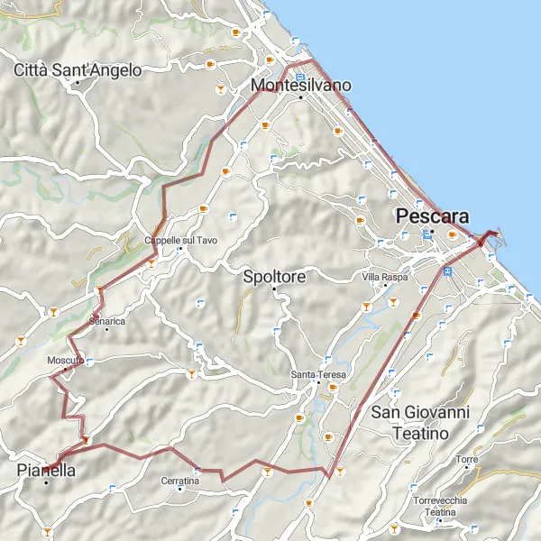 Miniatura della mappa di ispirazione al ciclismo "Escursione in Gravel da Cappelle sul Tavo a Pianella" nella regione di Abruzzo, Italy. Generata da Tarmacs.app, pianificatore di rotte ciclistiche