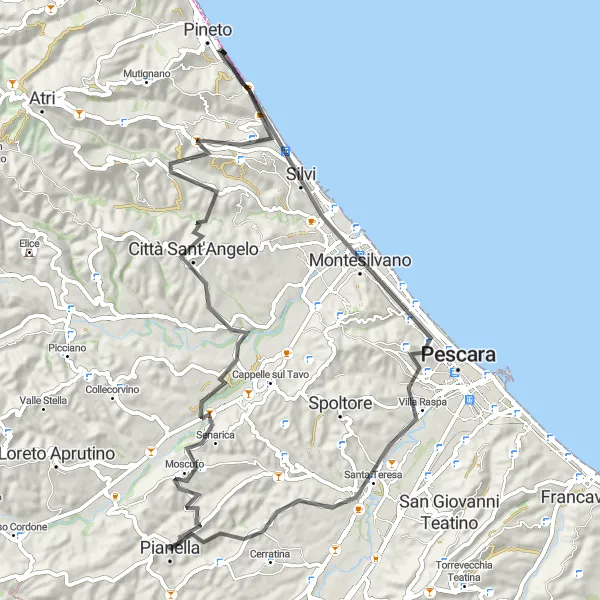 Miniatura della mappa di ispirazione al ciclismo "Esplorazione in Bicicletta da Pianella a Montesilvano" nella regione di Abruzzo, Italy. Generata da Tarmacs.app, pianificatore di rotte ciclistiche