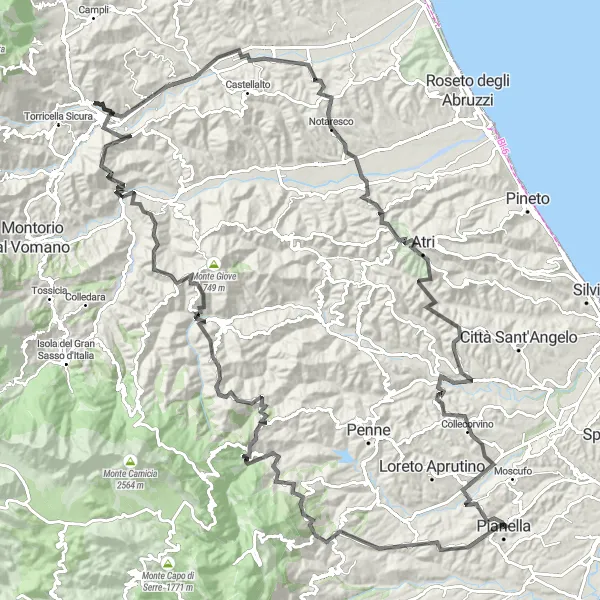 Miniatuurkaart van de fietsinspiratie "Pianella - Atri - Picciano" in Abruzzo, Italy. Gemaakt door de Tarmacs.app fietsrouteplanner