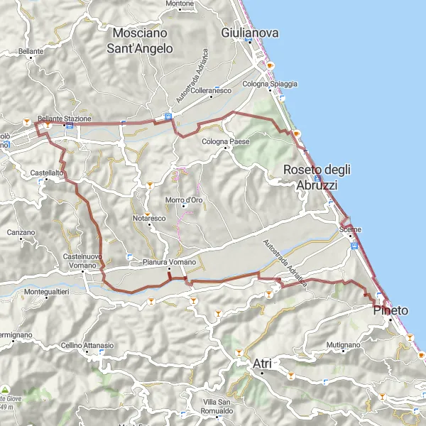 Miniatura della mappa di ispirazione al ciclismo "Esplorazione Gravel tra Pineto e Roseto degli Abruzzi" nella regione di Abruzzo, Italy. Generata da Tarmacs.app, pianificatore di rotte ciclistiche