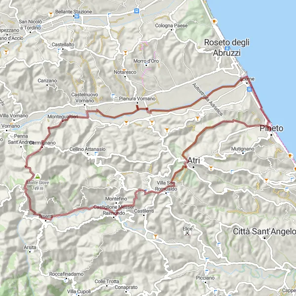 Miniatura della mappa di ispirazione al ciclismo "Atri e Scerne" nella regione di Abruzzo, Italy. Generata da Tarmacs.app, pianificatore di rotte ciclistiche