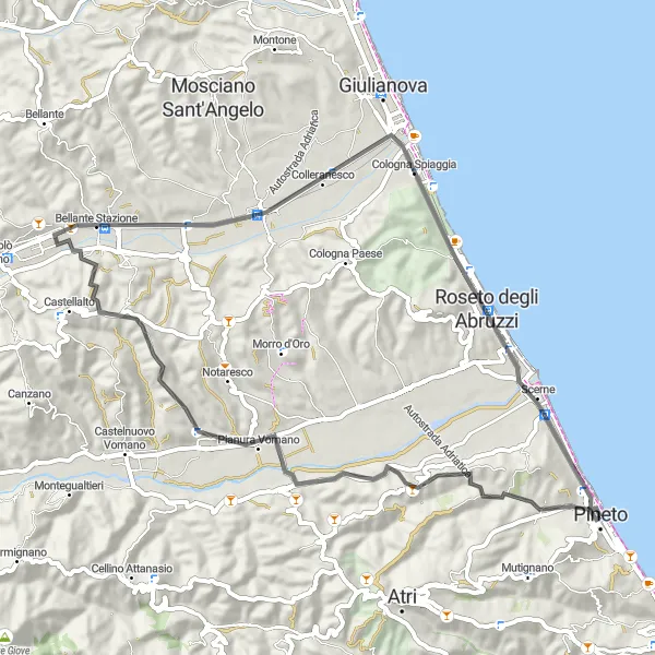 Miniature de la carte de l'inspiration cycliste "Boucle routière près de Pineto" dans la Abruzzo, Italy. Générée par le planificateur d'itinéraire cycliste Tarmacs.app