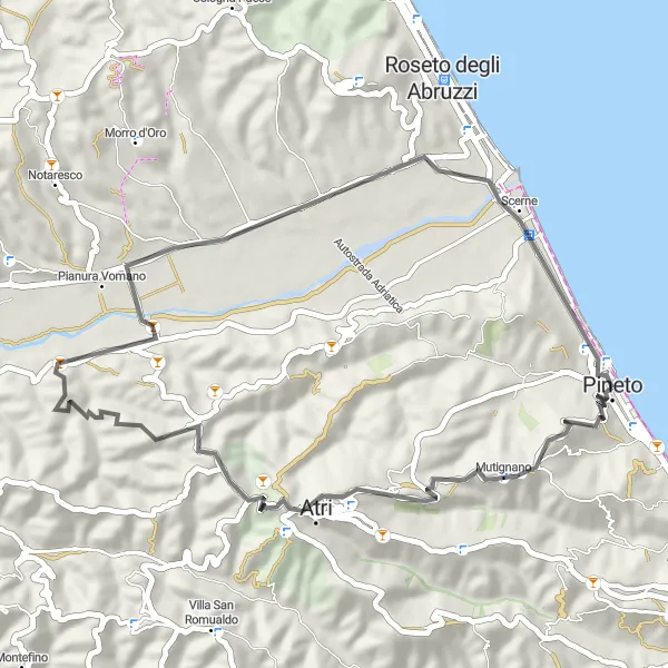 Miniature de la carte de l'inspiration cycliste "Circuit routier à travers les collines et les vignobles" dans la Abruzzo, Italy. Générée par le planificateur d'itinéraire cycliste Tarmacs.app