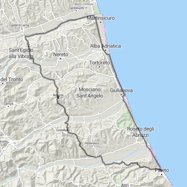Miniature de la carte de l'inspiration cycliste "Tour cycliste panoramique le long de la côte abruzzaise" dans la Abruzzo, Italy. Générée par le planificateur d'itinéraire cycliste Tarmacs.app