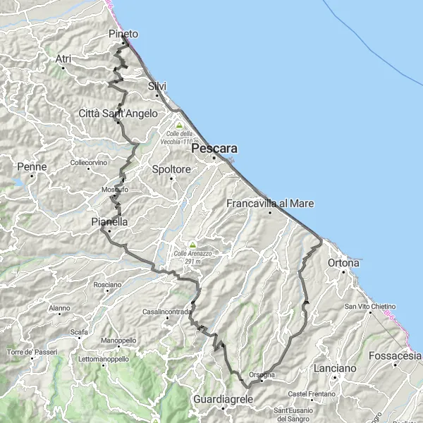 Miniatura mapy "Wyzwanie Górskie Dookoła Pineto (Droga)" - trasy rowerowej w Abruzzo, Italy. Wygenerowane przez planer tras rowerowych Tarmacs.app