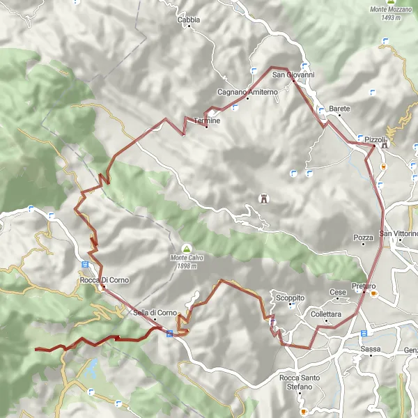 Map miniature of "Gravel Loop from Pizzoli to Preturo" cycling inspiration in Abruzzo, Italy. Generated by Tarmacs.app cycling route planner
