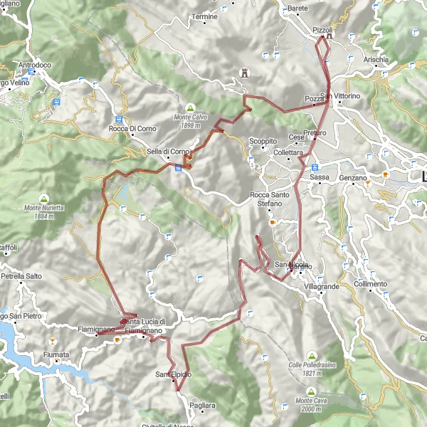 Miniatura della mappa di ispirazione al ciclismo "Avventuroso giro in mountain bike da Pizzoli a Castello di Pizzoli" nella regione di Abruzzo, Italy. Generata da Tarmacs.app, pianificatore di rotte ciclistiche