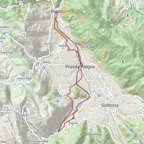 Miniatura mapy "Trasa przez Pratola Peligna, Bugnara, Corfinio i Riserva Naturale Sorgenti del Pescara" - trasy rowerowej w Abruzzo, Italy. Wygenerowane przez planer tras rowerowych Tarmacs.app