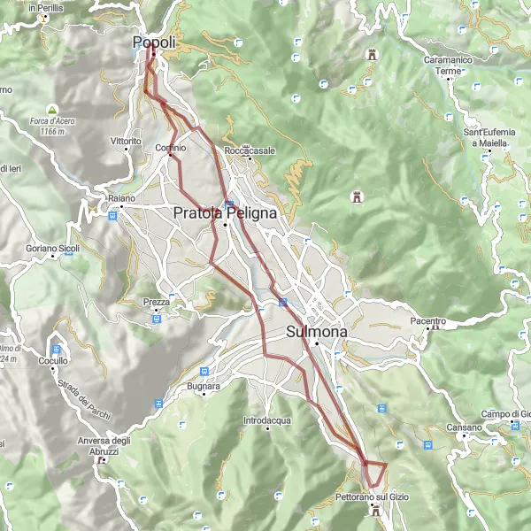 Map miniature of "Gravel Ride through Pratola Peligna" cycling inspiration in Abruzzo, Italy. Generated by Tarmacs.app cycling route planner