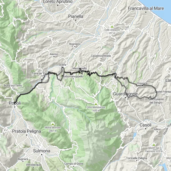Miniature de la carte de l'inspiration cycliste "Aventures autour de Popoli" dans la Abruzzo, Italy. Générée par le planificateur d'itinéraire cycliste Tarmacs.app