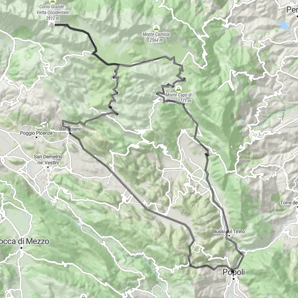 Map miniature of "Popoli and the Mountains" cycling inspiration in Abruzzo, Italy. Generated by Tarmacs.app cycling route planner