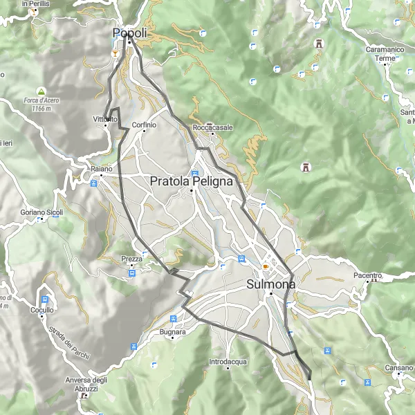 Map miniature of "Picturesque Road Ride: Roccacasale Loop" cycling inspiration in Abruzzo, Italy. Generated by Tarmacs.app cycling route planner