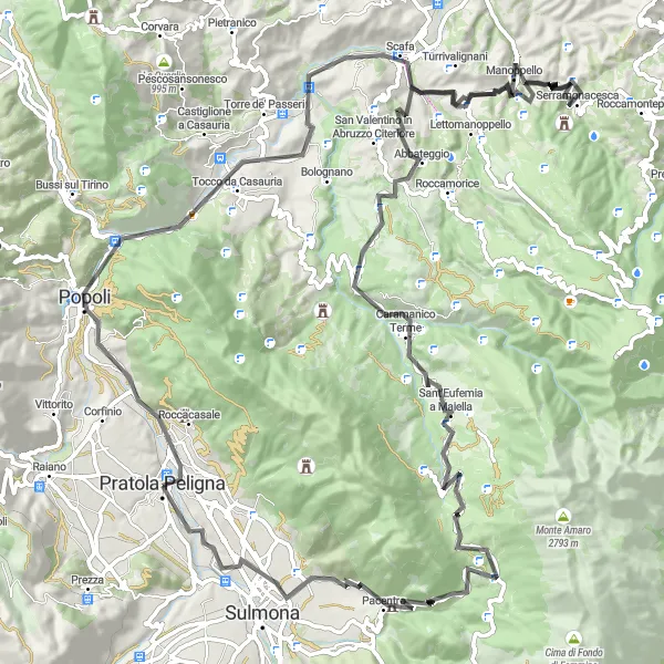 Miniature de la carte de l'inspiration cycliste "Aventure cycliste à travers les vallées abruzzaises" dans la Abruzzo, Italy. Générée par le planificateur d'itinéraire cycliste Tarmacs.app