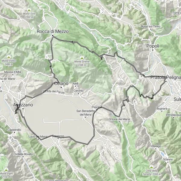 Miniatuurkaart van de fietsinspiratie "Historische route door de bergen van Abruzzo" in Abruzzo, Italy. Gemaakt door de Tarmacs.app fietsrouteplanner