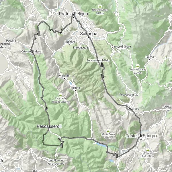 Miniature de la carte de l'inspiration cycliste "Le tour des villages abruzzais en vélo de route" dans la Abruzzo, Italy. Générée par le planificateur d'itinéraire cycliste Tarmacs.app