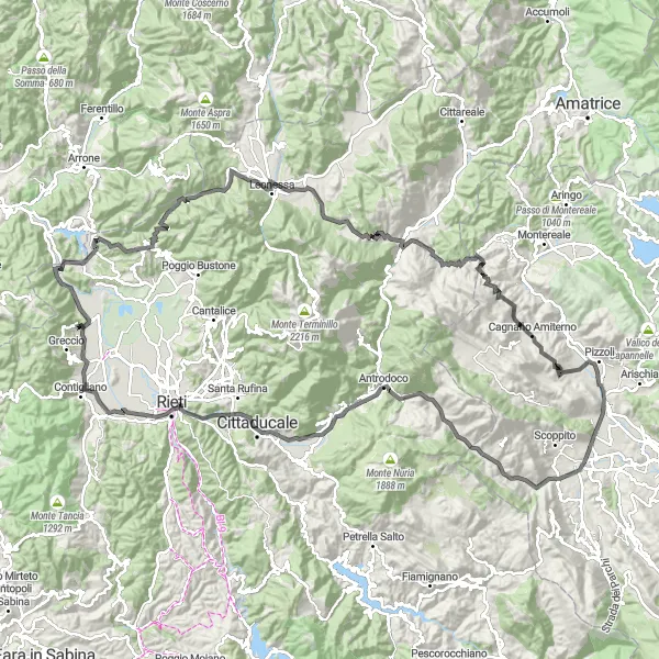 Map miniature of "Climbing Adventure to Leonessa" cycling inspiration in Abruzzo, Italy. Generated by Tarmacs.app cycling route planner