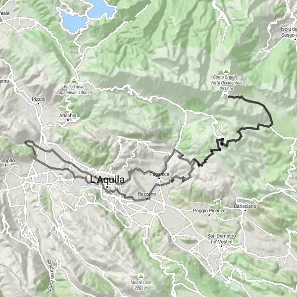 Map miniature of "The Gran Sasso Loop" cycling inspiration in Abruzzo, Italy. Generated by Tarmacs.app cycling route planner