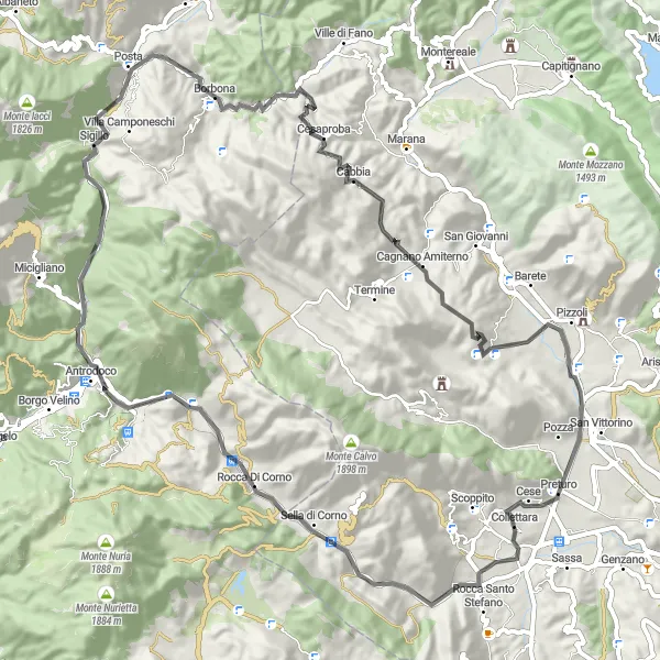 Miniatura della mappa di ispirazione al ciclismo "Tour panoramico da Antrodoco a Preturo" nella regione di Abruzzo, Italy. Generata da Tarmacs.app, pianificatore di rotte ciclistiche