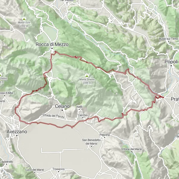 Miniatura della mappa di ispirazione al ciclismo "Tour in Gravel tra le Montagne abruzzesi" nella regione di Abruzzo, Italy. Generata da Tarmacs.app, pianificatore di rotte ciclistiche