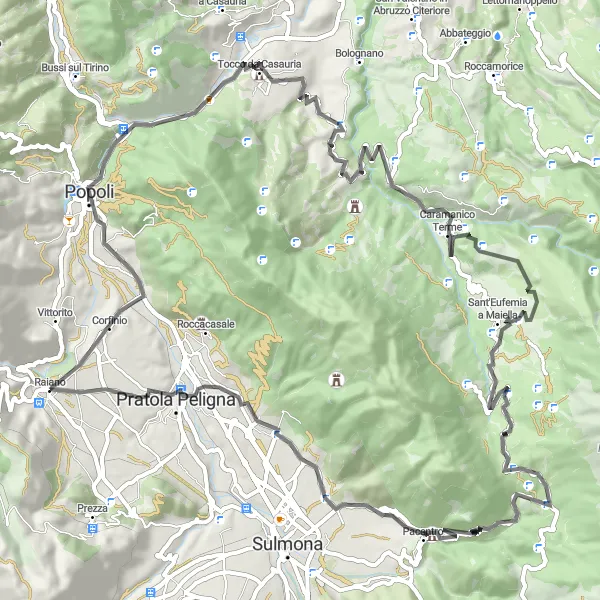 Miniatura della mappa di ispirazione al ciclismo "Tour in Bicicletta da Raiano a Pratola Peligna" nella regione di Abruzzo, Italy. Generata da Tarmacs.app, pianificatore di rotte ciclistiche