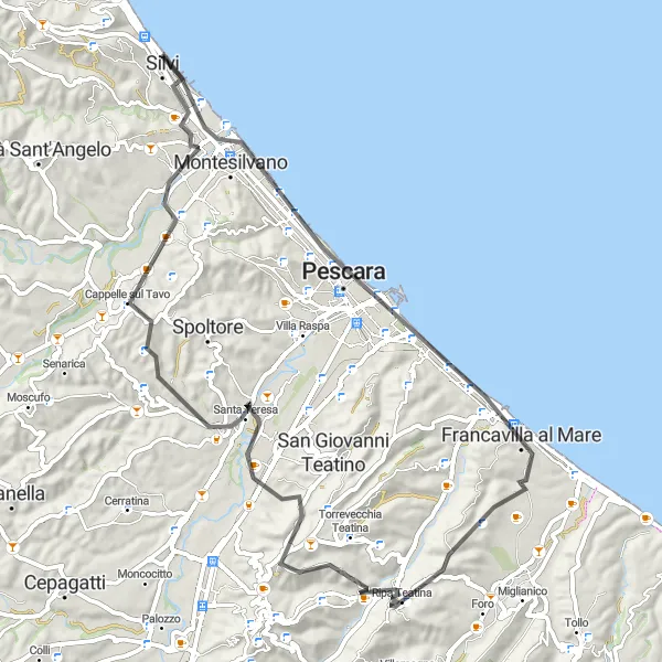 Miniature de la carte de l'inspiration cycliste "La boucle de Vues panoramiques autour de Ripa Teatina" dans la Abruzzo, Italy. Générée par le planificateur d'itinéraire cycliste Tarmacs.app