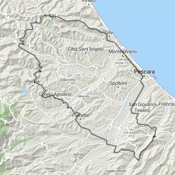 Map miniature of "The Hilltop Adventure" cycling inspiration in Abruzzo, Italy. Generated by Tarmacs.app cycling route planner