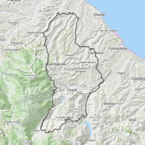 Miniatuurkaart van de fietsinspiratie "Uitdagende tocht door Lanciano en Fara San Martino" in Abruzzo, Italy. Gemaakt door de Tarmacs.app fietsrouteplanner