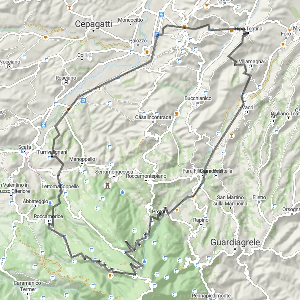 Miniatura della mappa di ispirazione al ciclismo "Tour delle Montagne Abruzzesi" nella regione di Abruzzo, Italy. Generata da Tarmacs.app, pianificatore di rotte ciclistiche