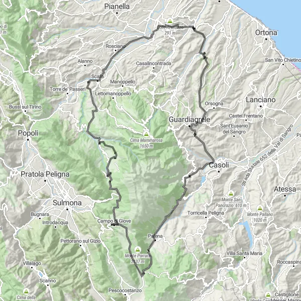 Miniature de la carte de l'inspiration cycliste "Montains and Valleys" dans la Abruzzo, Italy. Générée par le planificateur d'itinéraire cycliste Tarmacs.app