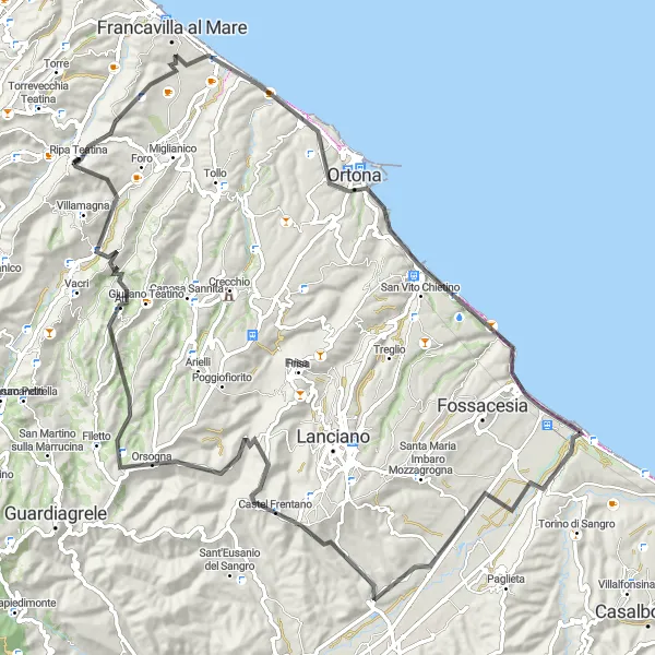 Map miniature of "The Cultural Exploration Challenge" cycling inspiration in Abruzzo, Italy. Generated by Tarmacs.app cycling route planner