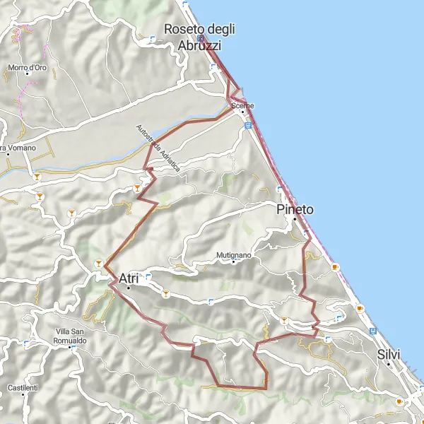 Miniatura della mappa di ispirazione al ciclismo "Giro in bicicletta tra Scerne e Roseto degli Abruzzi" nella regione di Abruzzo, Italy. Generata da Tarmacs.app, pianificatore di rotte ciclistiche