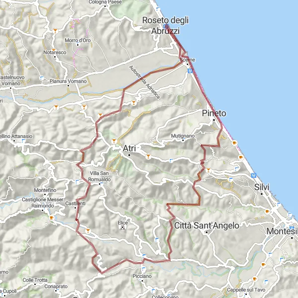 Miniatuurkaart van de fietsinspiratie "Pittoreske gravelroute via Pineto, Ponte Baricelli naar Roseto degli Abruzzi" in Abruzzo, Italy. Gemaakt door de Tarmacs.app fietsrouteplanner