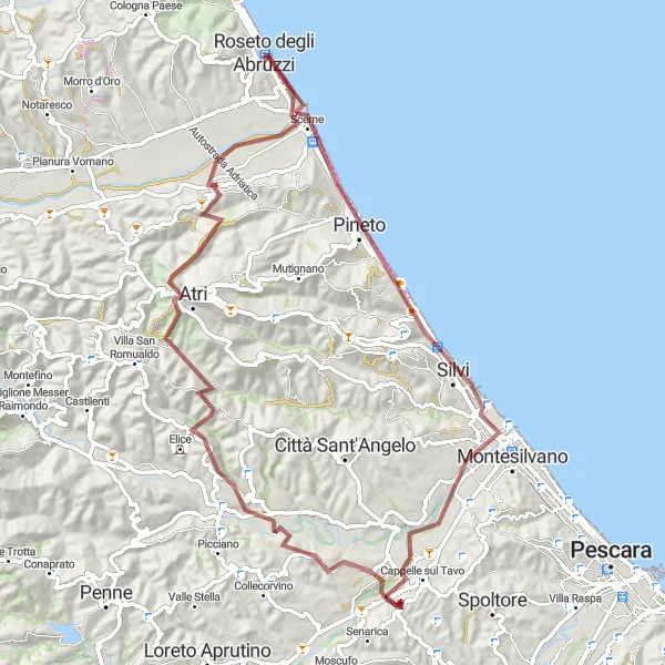 Map miniature of "Hillside and Hinterland Gravel Route" cycling inspiration in Abruzzo, Italy. Generated by Tarmacs.app cycling route planner