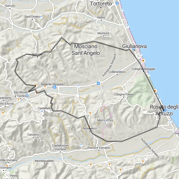 Map miniature of "Coastal Road Explorer" cycling inspiration in Abruzzo, Italy. Generated by Tarmacs.app cycling route planner