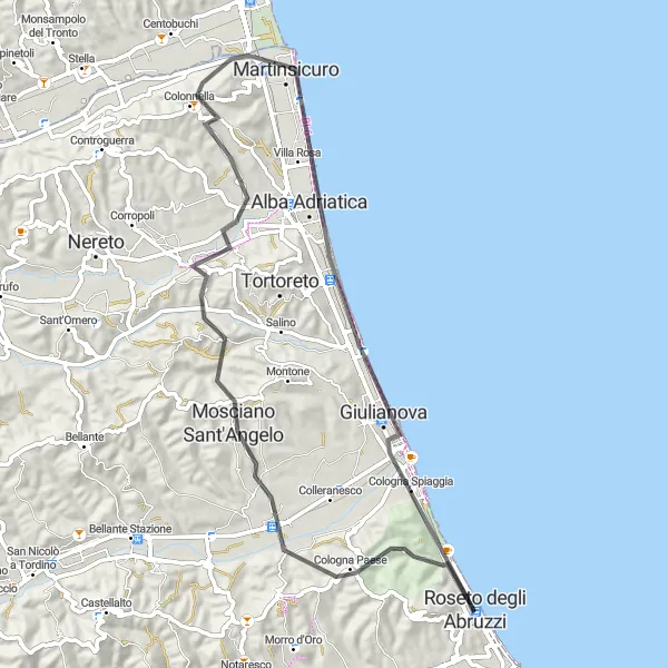 Miniatuurkaart van de fietsinspiratie "Scenic roadroute door Terrabianca, Colonnella, Alba Adriatica naar Roseto degli Abruzzi" in Abruzzo, Italy. Gemaakt door de Tarmacs.app fietsrouteplanner