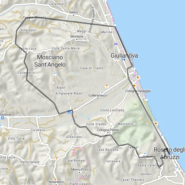 Miniatura della mappa di ispirazione al ciclismo "Tour ciclistico da Montepagano a Giulianova" nella regione di Abruzzo, Italy. Generata da Tarmacs.app, pianificatore di rotte ciclistiche