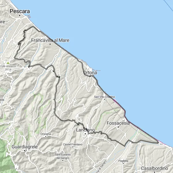 Miniatura della mappa di ispirazione al ciclismo "Tra mare e monti fino a San Giovanni Teatino" nella regione di Abruzzo, Italy. Generata da Tarmacs.app, pianificatore di rotte ciclistiche