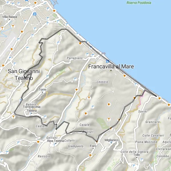 Map miniature of "Scenic Views and Coastal Delights" cycling inspiration in Abruzzo, Italy. Generated by Tarmacs.app cycling route planner