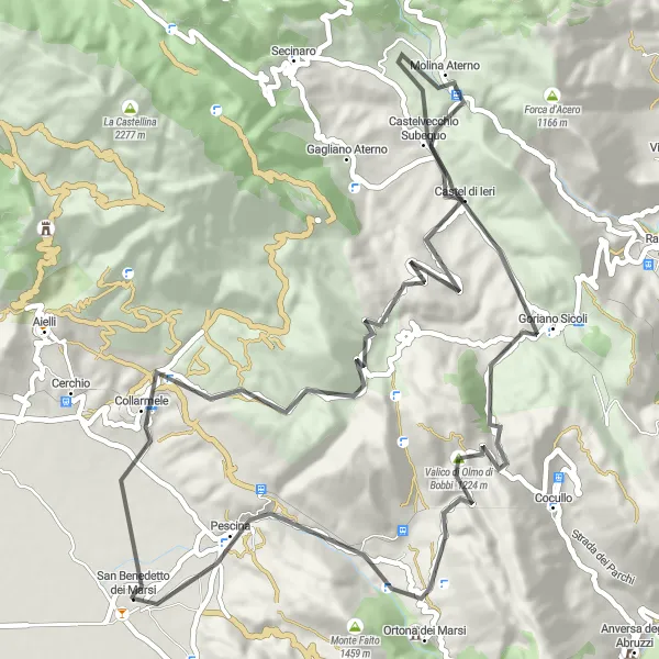 Miniatura della mappa di ispirazione al ciclismo "Giro delle Montagne Marsicane" nella regione di Abruzzo, Italy. Generata da Tarmacs.app, pianificatore di rotte ciclistiche