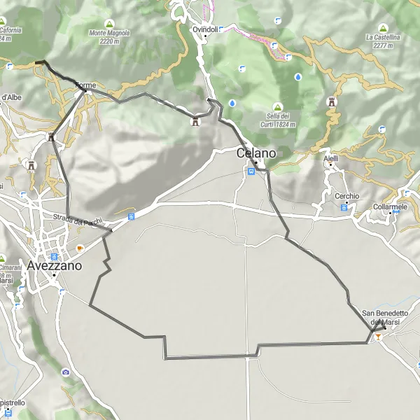 Map miniature of "The Tranquil Marsi Loop" cycling inspiration in Abruzzo, Italy. Generated by Tarmacs.app cycling route planner