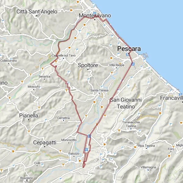 Map miniature of "Gravel Adventure near San Martino Bassa" cycling inspiration in Abruzzo, Italy. Generated by Tarmacs.app cycling route planner