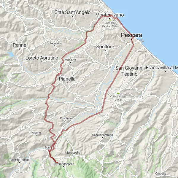 Miniatuurkaart van de fietsinspiratie "Adembenemende gravel route langs Pescara en Colle della Vecchia" in Abruzzo, Italy. Gemaakt door de Tarmacs.app fietsrouteplanner