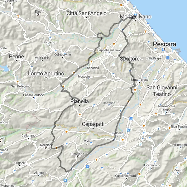 Miniature de la carte de l'inspiration cycliste "Boucle panoramique à travers les collines abruzzaises" dans la Abruzzo, Italy. Générée par le planificateur d'itinéraire cycliste Tarmacs.app