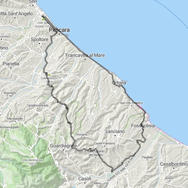 Map miniature of "Coastal Odyssey" cycling inspiration in Abruzzo, Italy. Generated by Tarmacs.app cycling route planner