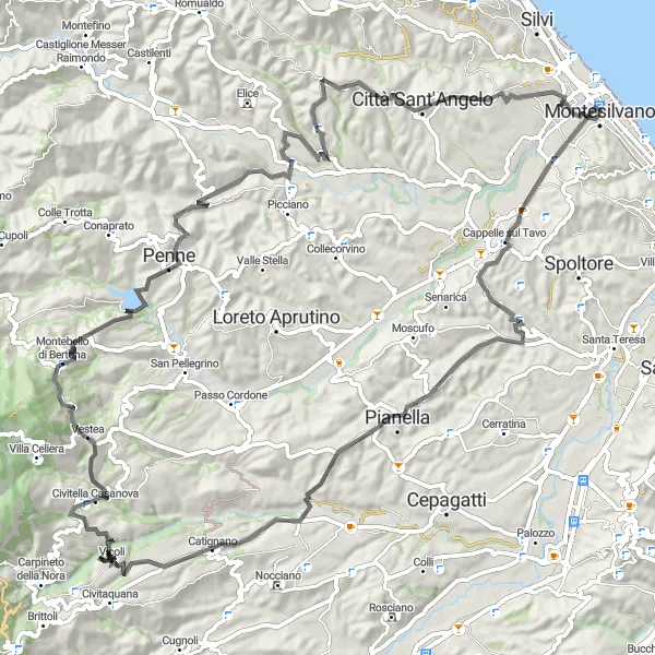 Miniature de la carte de l'inspiration cycliste "Parcours panoramique des villages pittoresques de la province de Pescara" dans la Abruzzo, Italy. Générée par le planificateur d'itinéraire cycliste Tarmacs.app
